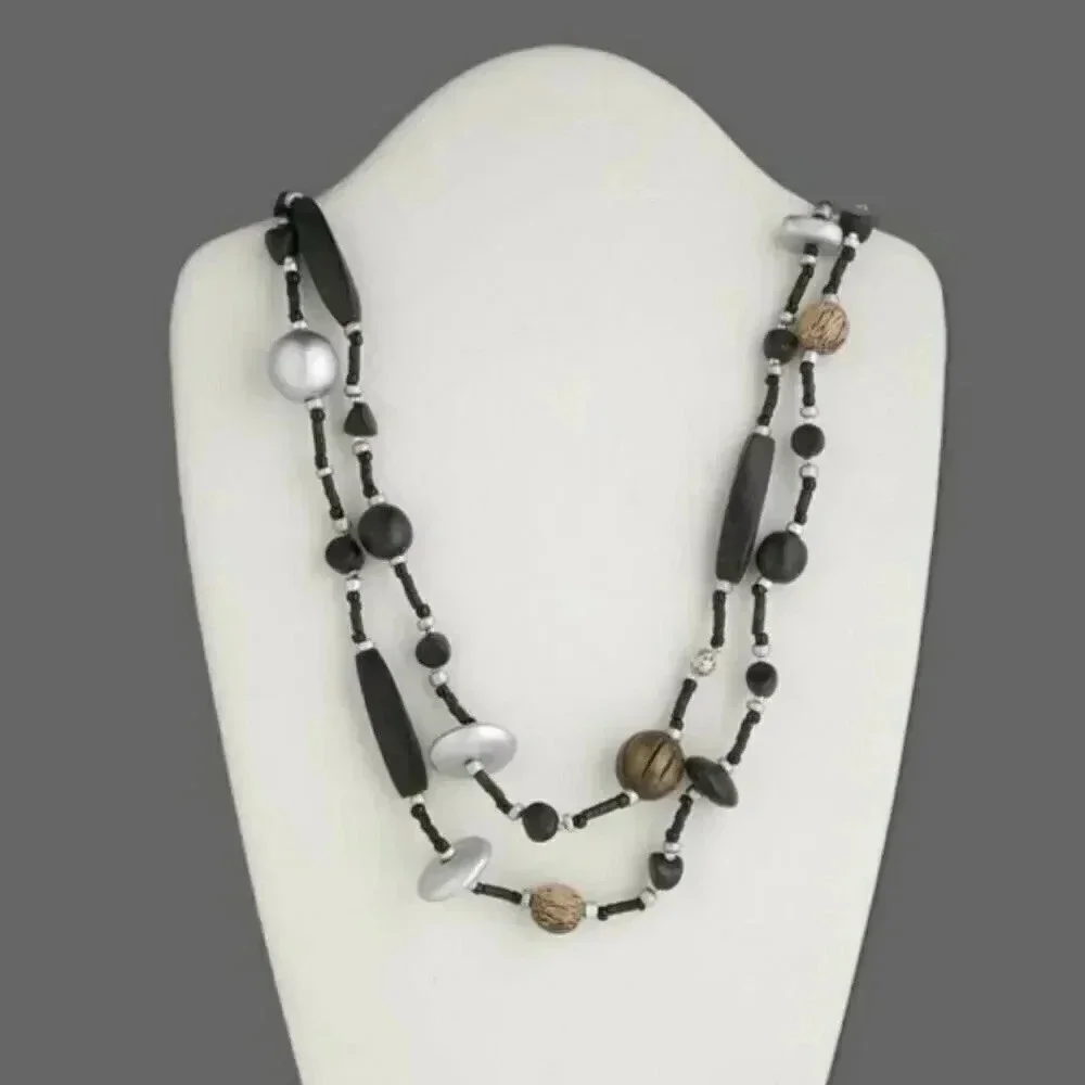 Hand Crafted Ethnic Coconut Wood Glass Mixed Media Long Necklace